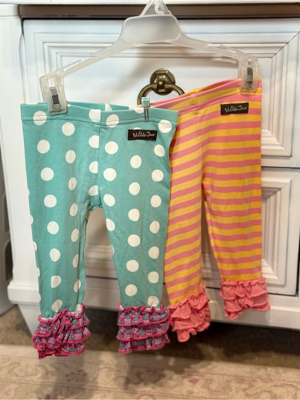Matilda Jane Girls' Ruffle Hem Pants - Teal Polka Dot & Pink Stripe